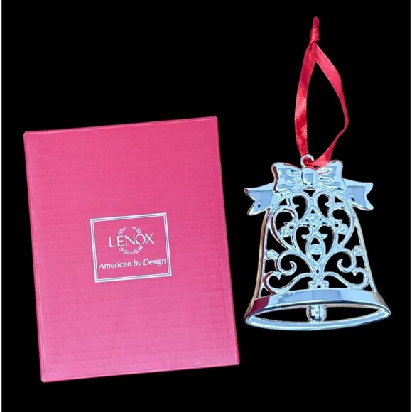Lenox Silver-Plated Bell Ornament With Red Ribbon & Gift Box - Picture 1 of 5